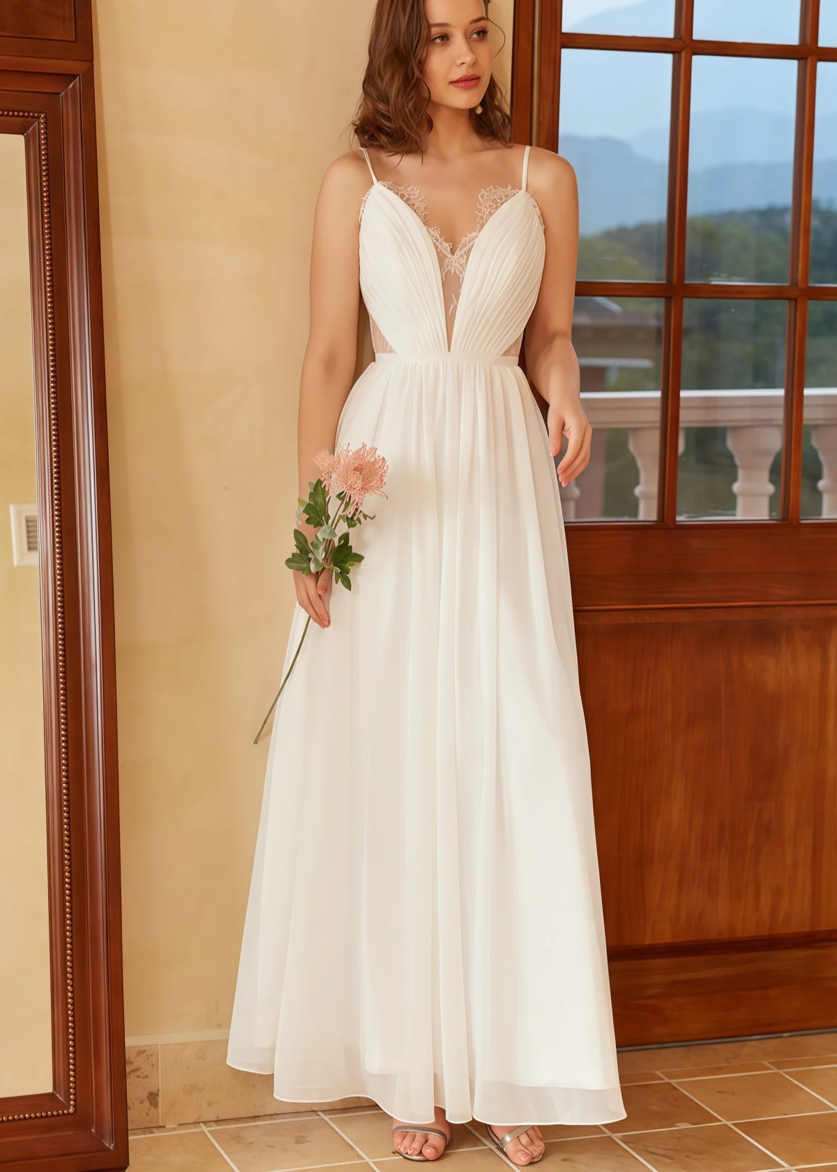 Heloise | Boho A Line Spaghetti Strap Backless Corset White Wedding Dress with V Neck - Price #price_variant_lowest# - White - PromDressClub