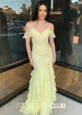 Honey |Long Yellow Prom Dresses Near Me With Mermaid Off Shoulder Layered Lace - Price #price_variant_lowest# - Yellow - PromDressClub