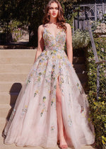 Imogen | Black Tie Ivory Floral Corset Wedding Guest Dress with Slit - Ivory Floral - PromDressClub