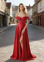 Inez Red Prom Off Shoulder Dress | A-Line Strapless Corset Beaded Satin Formal Dress with Slit