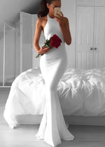 Irene | Dazzling Allure Mermaid Halter Neck Backless White Wedding Dress - White - PromDressClub