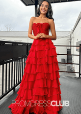 Iris | Tiered Ruffles Sweetheart Hot Pink Chiffon Prom Dress - Red - PromDressClub