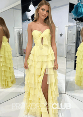 Iris | Tiered Ruffles Sweetheart Hot Pink Chiffon Prom Dress - Yellow - PromDressClub