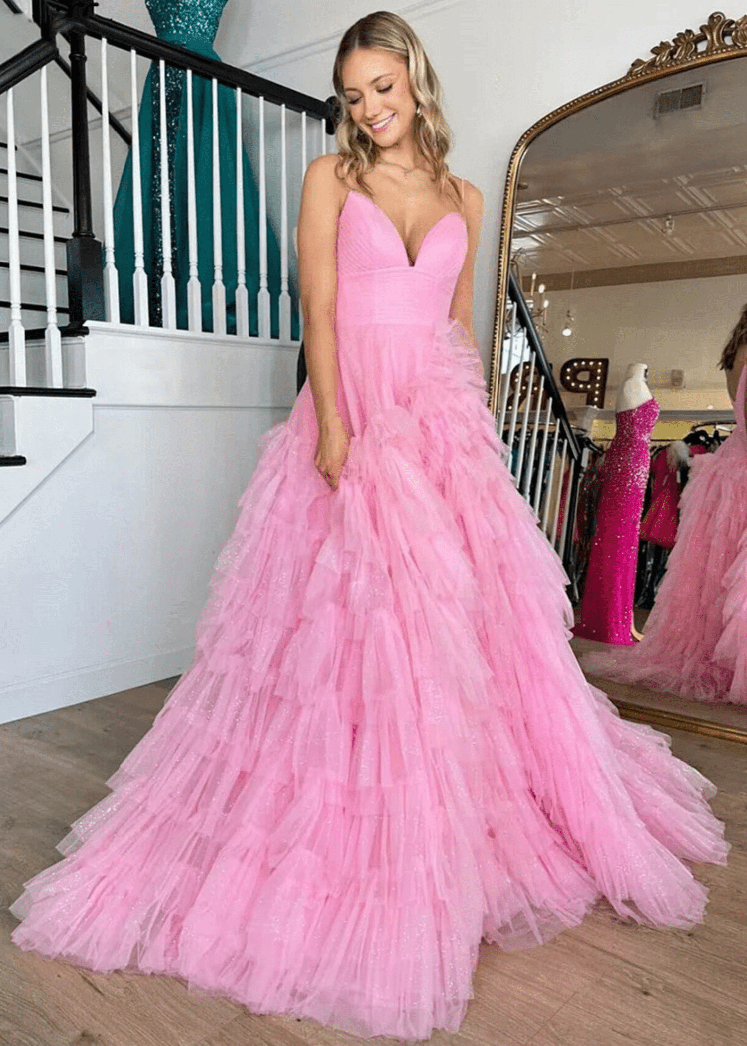 Isabel | A Line Hot Pink Ruffle Spaghetti Strap Corset Tulle Formal Dress with Slit - Hot Pink - PromDressClub