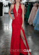Isabel |Red Prom Dresses Websites With Long Halter V Neck Backless Mermaid High Slit - Price #price_variant_lowest# - Red - PromDressClub