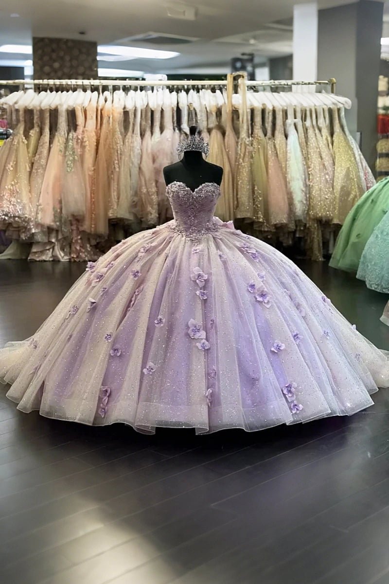 Isabelle | Beautiful Purple Quinceanera Dresses Flower Embellished Perfect for Sweet 16 - Lavender - PromDressClub