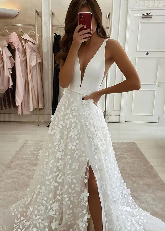 Jamie | Elegant V Neck Sleeveless White Wedding Dress with 3D Floral Appliques - White - PromDressClub