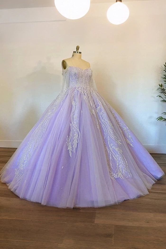 Jane | Exquisite Purple Quince Dresses with Long Sleeves and Beaded Details - Lavender - PromDressClub