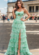 Janet | A Line Strapless Green Floral Long Formal Dress with Ruffles - Price #price_variant_lowest# - Green Floral - PromDressClub