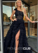 Janice |Black Long Prom Dresses Near Me With One Shoulder Lace A Line Tiered Ruffles High Slit - Price #price_variant_lowest# - Black - PromDressClub