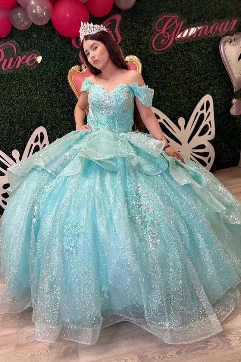 Jasmine | Stunning Light Blue Quinceanera Dresses with Ruffles and Off the Shoulder - Light Blue - PromDressClub