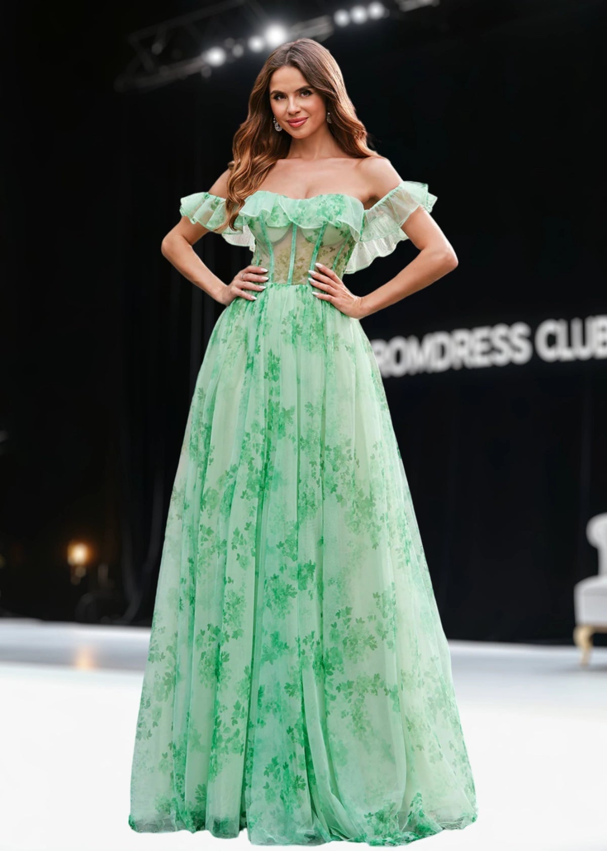 Jean | A Line Green Floral Long Prom Dress - Green Floral - PromDressClub