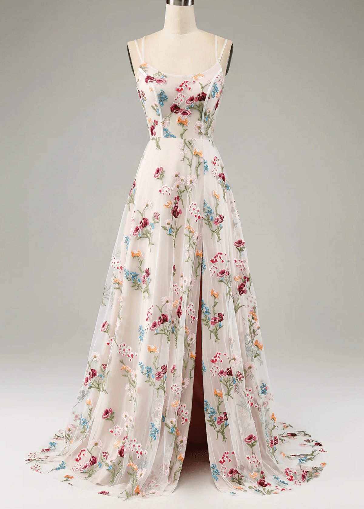 Jean | Ivory Flower A - Line Spaghetti Straps Maxi Formal Dress with Slit - Price #price_variant_lowest# - Ivory Floral - PromDressClub