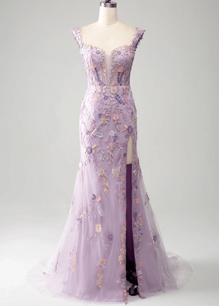 Jessica | Light Purple Floral Mermaid Embroidered Long Prom Dress - Price #price_variant_lowest# - Light Purple Floral - PromDressClub