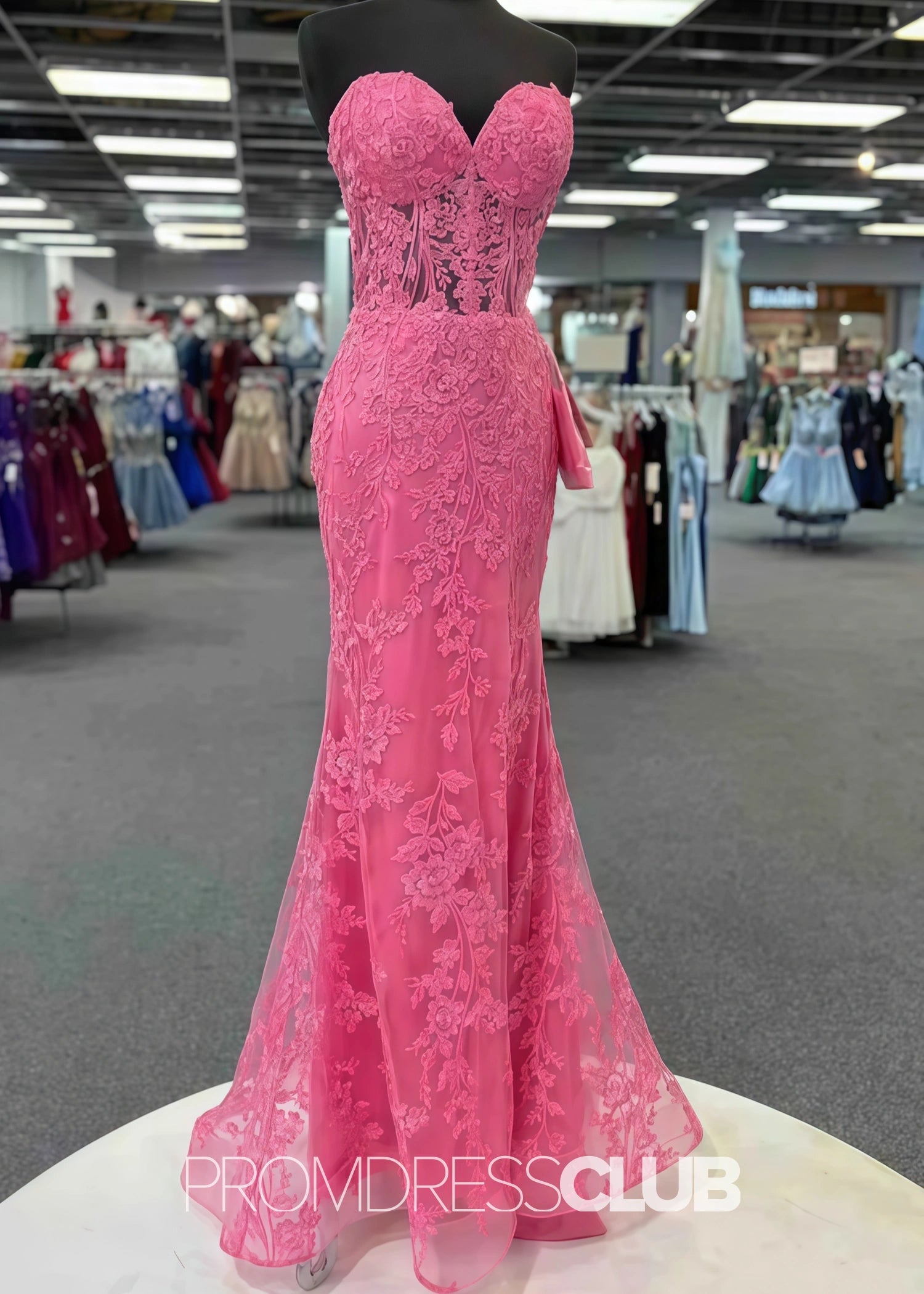 Joan |Long Pink Prom Dresses Near Me With Sweetheart Strapless Lace Appliques Mermaid - Price #price_variant_lowest# - Pink - PromDressClub