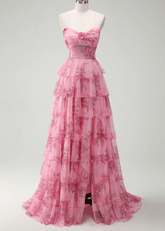 Joanna | Blush Floral A Line Long Prom Dress with Slit - Price #price_variant_lowest# - Blush Floral - PromDressClub