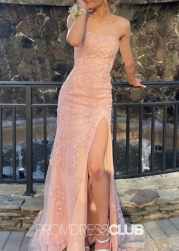 Joanne |Light Pink Long Prom Dresses Store With Strapless Lace Appliques Mermaid Scoop Side Slit - Price #price_variant_lowest# - Light Pink - PromDressClub