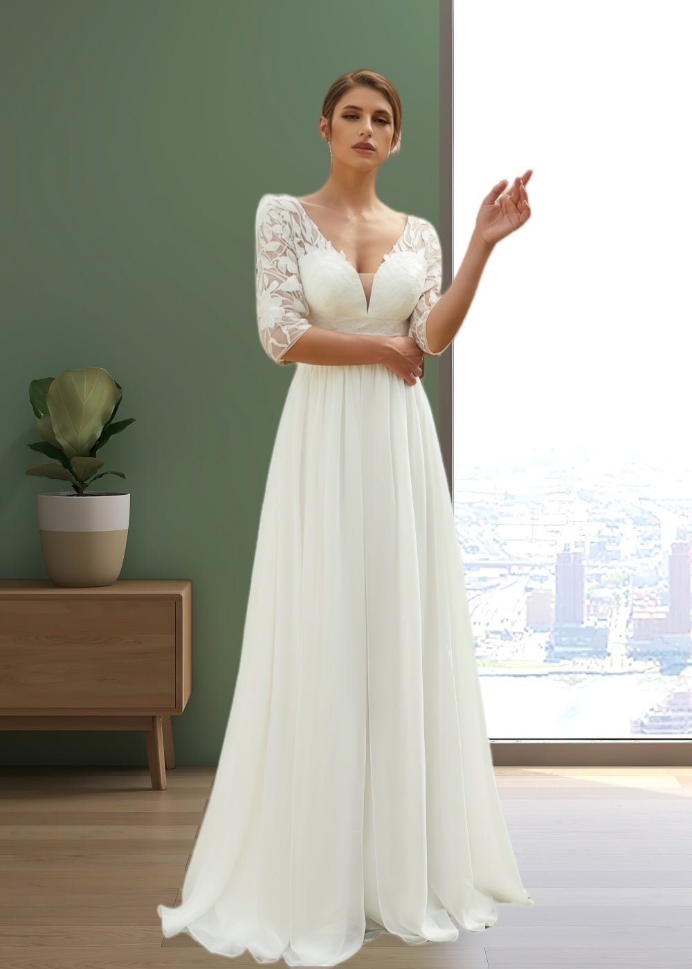Judith | Elegant Boho V Neck Lace Half Sleeve Chiffon Wedding Dress with Floor Length - White - PromDressClub