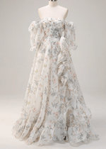 Judy | A Line White Floral Ruffle Slit Long Prom Dress - Price #price_variant_lowest# - White Floral - PromDressClub