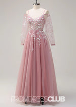 Julie | A - Line Cold Shoulder Sparkly Royal Blue Long Prom Dress - Price #price_variant_lowest# - Blush - PromDressClub