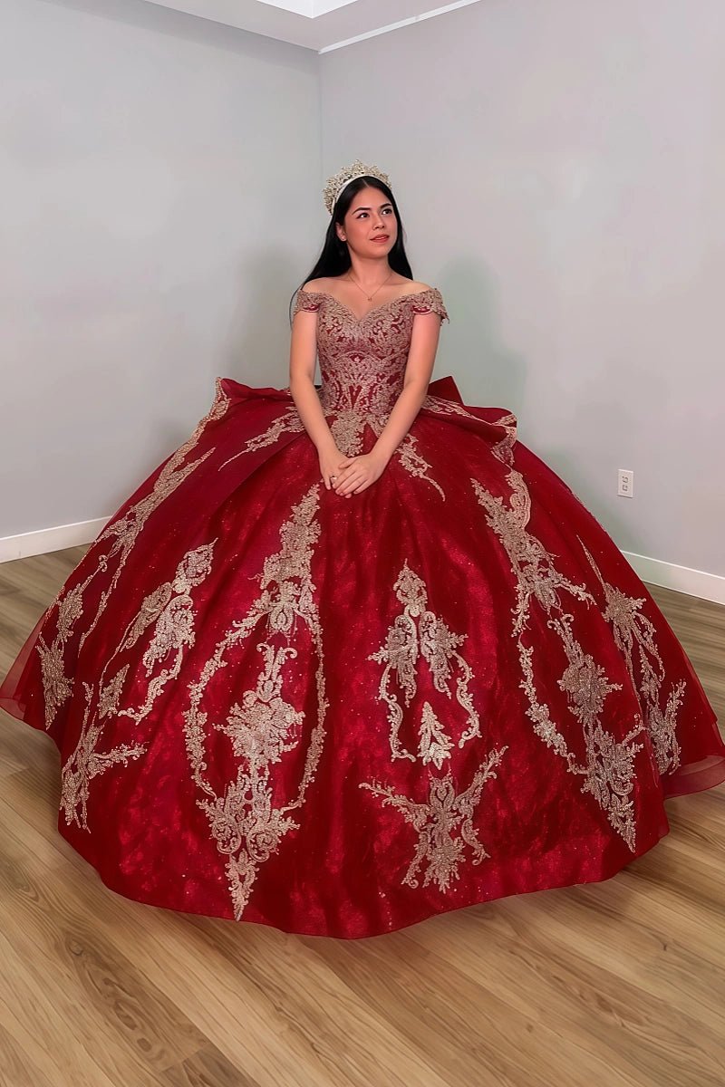 Julie | Shop Elegant Red Quince Dresses with Gold Accents - Flawless Ball Gowns - Red - PromDressClub