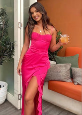 Juliet | Fabulous Hot Pink Satin Strapless Ruffle Prom Dress with Slit - Hot Pink - PromDressClub