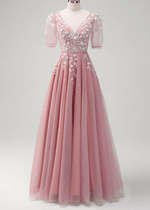 Juliet | Sparkly Blush Short Sleeves Tulle Long Prom Dress - Price #price_variant_lowest# - Blush - PromDressClub