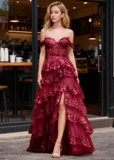 Kaleido Burgundy Sequins Ruffle Prom Dress | A - Line Off the Shoulder Sweetheart Neckline Tiered Dress with Slit - US0 - PromDressClub
