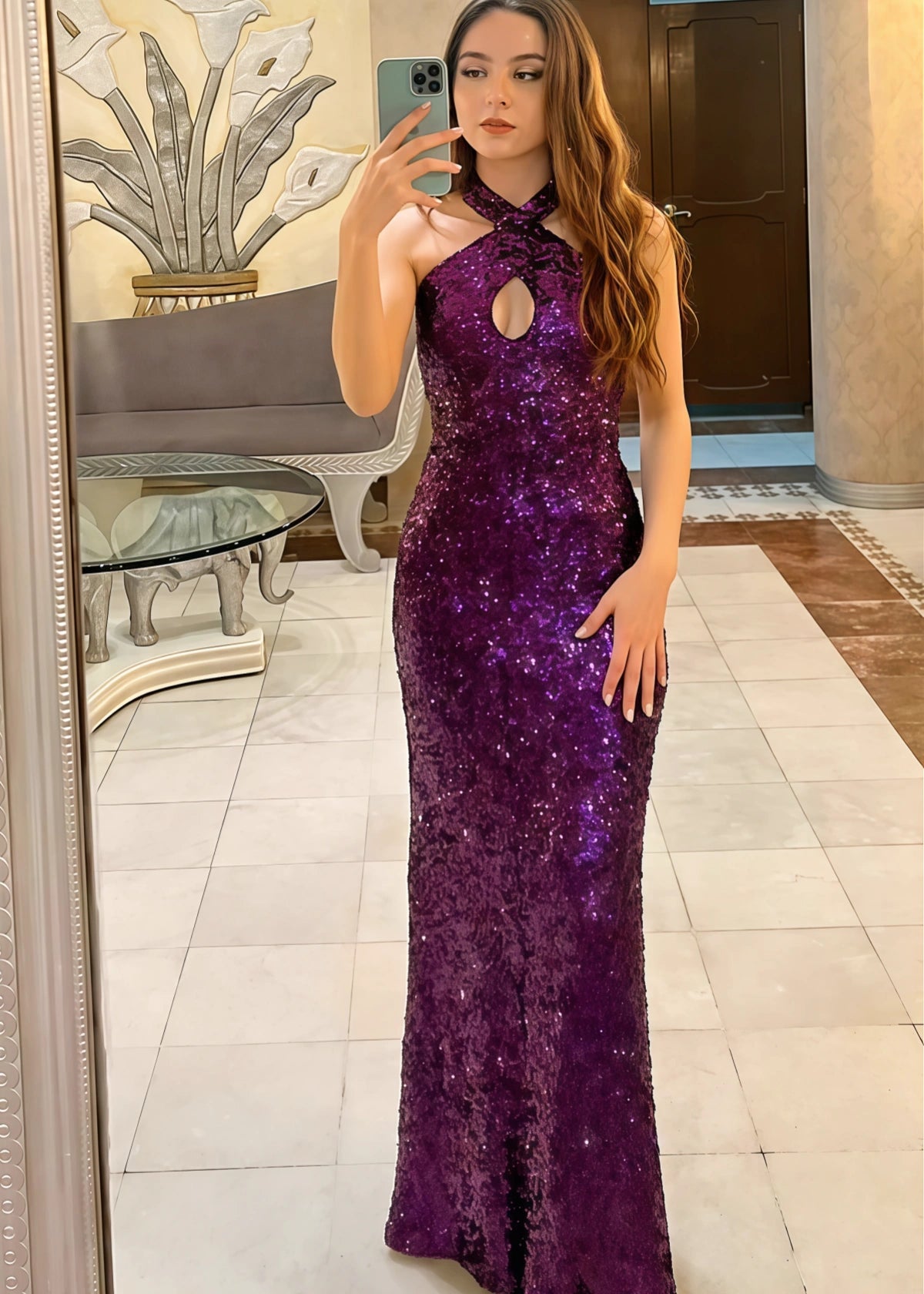 Kama | Mermaid Halter Dark Purple Sequin Long Prom Dress - Price #price_variant_lowest# - Dark Purple - PromDressClub