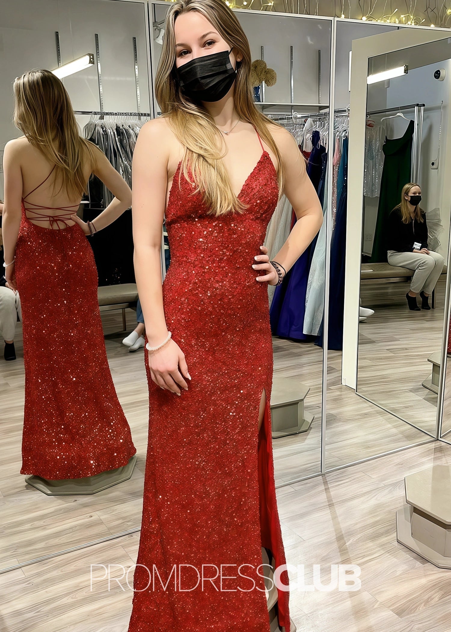 Kay |Long Red Prom Dresses Near Me With Straps Sequin V Neck Mermaid Slit - Price #price_variant_lowest# - Red - PromDressClub