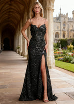 Keira Black Sequin Corset Prom Dress | Column Spaghetti Strap V - Neck 3D Flower Cocktail Dress with Slit - Black - PromDressClub