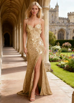 Keira Gold Sequin Corset Prom Dress | Column Spaghetti Strap V - Neck 3D Flower Cocktail Dress with Slit - Gold - PromDressClub