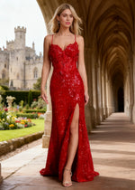 Keira Red Sequin Corset Prom Dress | Column Spaghetti Strap V - Neck 3D Flower Cocktail Dress with Slit - Red - PromDressClub