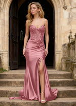 Kismet Dusty Rose Strapless Prom Dress | Mermaid Sweetheart Neckline Lace 3D Floral Pleated Dress Split - US0 - PromDressClub