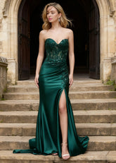 Kismet Emerald Green Strapless Prom Dress | Mermaid Sweetheart Neckline Lace 3D Floral Pleated Dress Split - US0 - PromDressClub