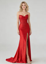 Kori Satin Red Beaded Prom Dress | Sheath Strapless Sweetheart Neckline Corset Cocktail Dress with Slit - Red - PromDressClub