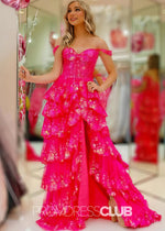Kristin |Long Fuchsia Prom Dresses Near Me With A Line Off The Shoulder Sequin Tiered Ruffle - Price #price_variant_lowest# - Fuchsia - PromDressClub