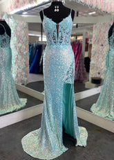 Laurel | Mermaid Sparkly Spaghetti Straps Aqua Sequin Long Prom Dress - Price #price_variant_lowest# - Aqua - PromDressClub