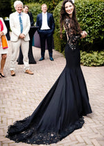 Lauren | Elegant Black Mermaid Lace Wedding Dress with Long Sleeves and Open Back - Black - PromDressClub