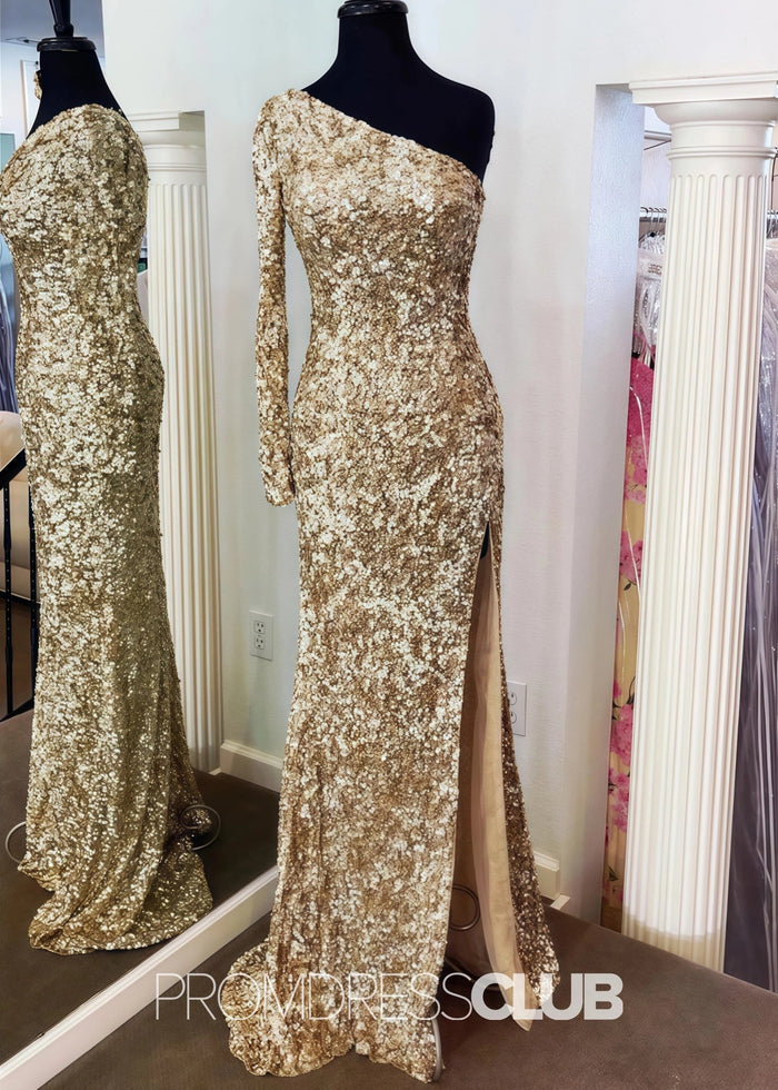 Lauren |Long Gold Prom Dresses Shops With Stunning Sequins Mermaid One Sleeve Slit - Price #price_variant_lowest# - Gold - PromDressClub