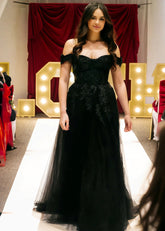 Lenora | Timeless Elegance Off Shoulder Gothic Black Wedding Dress for Bold Brides - Black - PromDressClub