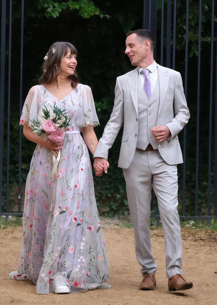 Lorelei | Discover Flattering A Line Floral Wedding Dresses with Sleeves - White Floral - PromDressClub