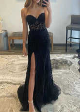 Lorraine Corset Lace Lilac Prom Dress | Mermaid Strapless Sweetheart Neckline Dress with Slit - Black - PromDressClub