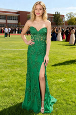 Lorraine Corset Lace Lilac Prom Dress | Mermaid Strapless Sweetheart Neckline Dress with Slit - Green - PromDressClub