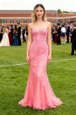 Lorraine Corset Lace Lilac Prom Dress | Mermaid Strapless Sweetheart Neckline Dress with Slit - Hot Pink - PromDressClub