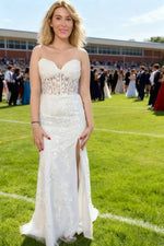 Lorraine Corset Lace Lilac Prom Dress | Mermaid Strapless Sweetheart Neckline Dress with Slit - White - PromDressClub