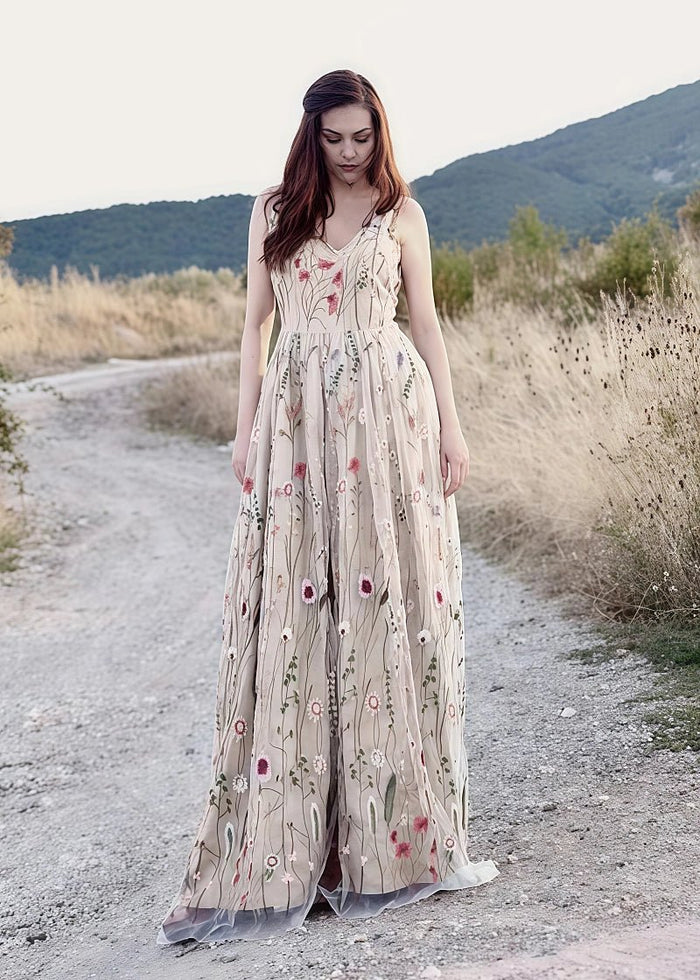 Lorraine | Find Your Dream Floral A - Line Pink Wedding Dress Now - Champagne Floral - PromDressClub