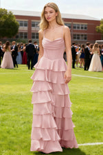 Luminance Powder Pink Tiered Ruffled Cowl Neck Prom Dress | A - Line Spaghetti Straps Corset Pleated Satin Dress with Slit - US0 - PromDressClub