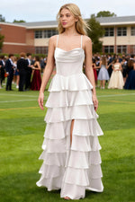 Luminance White Tiered Ruffled Cowl Neck Prom Dress | A - Line Spaghetti Straps Corset Pleated Satin Dress with Slit - US0 - PromDressClub