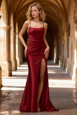 Luna Burgundy Satin Sheath Spaghetti Strap Prom Dress | Sexy Scoop Neck Pleated Open Back Slit Gown - US0 - PromDressClub